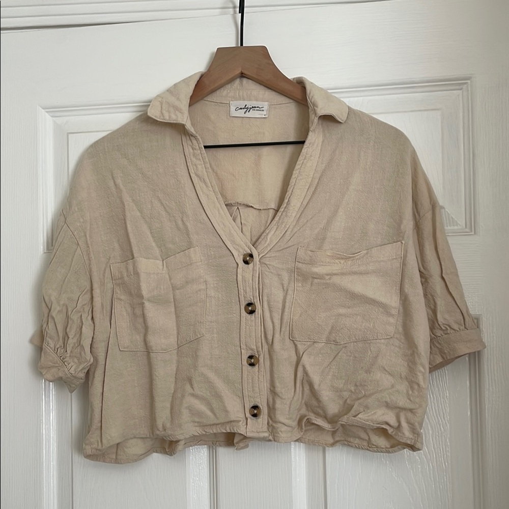 CJLA beige linen blend top
